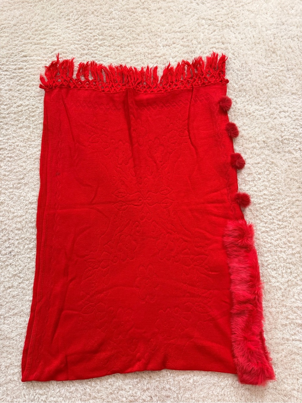 Red Rabbit Fur Shawl Wrap • Floral Embroidery • Fringe & Fur Trim